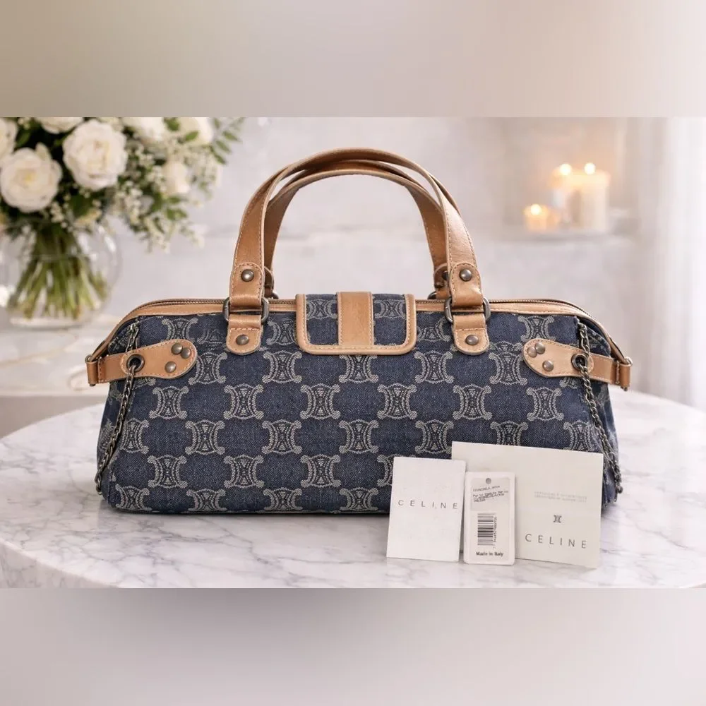 Celine Macadam Denim Bag with Leather Trim & Chain – Authentic